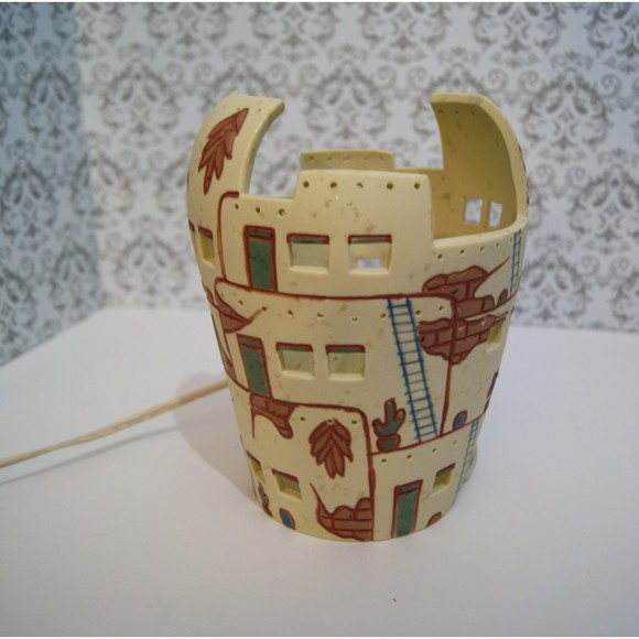 Ceramic Village Lamp with Brown and Cream Accents - Picture 4 of 10